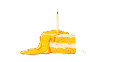 Single candle on a dripping caramel glaze cake slice sits on a white background with a warm glow and sticky syrup pooling beside it.