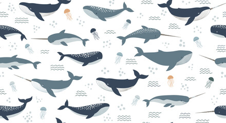 Fototapeta premium Seamless underwater scene shows whales and jellyfish gliding through calm blue currents creating a tranquil pattern across the oceanic expanse.