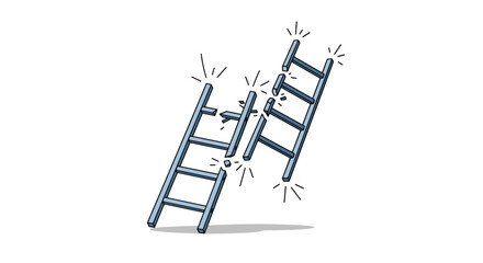 Several ladders crash into one another in a chaotic collision with bending rungs and sparks flying as the scene captures a dramatic moment of balance failure.
