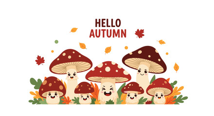 Fototapeta premium Bright whimsical illustration shows a cheerful group of mushrooms gathered in autumn foliage beneath a hello autumn banner celebrating the harvest season.