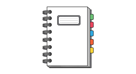 Spiral bound notebook with a clear label on the front cover and multicolored tabs along the right edge indicating organized sections for notes.