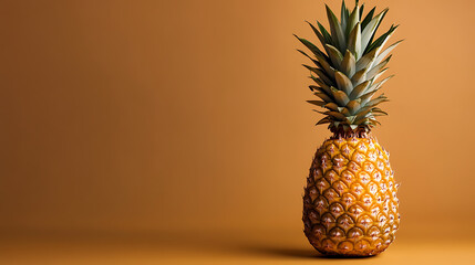 A golden pineapple stands tall, its spiky crown reaching for the sky against a warm backdrop. Tropical delight and vitamin-rich goodness in every juicy bite.