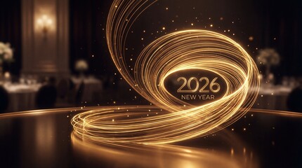 Golden light trails celebrate 2026 New Year in elegant event space
