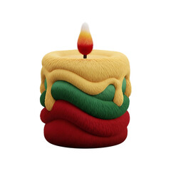 Stacked, colorful, fur-textured candle in red, green, and yellow layers, with melting wax and a bright flame. Festive and vibrant holiday decoration.
