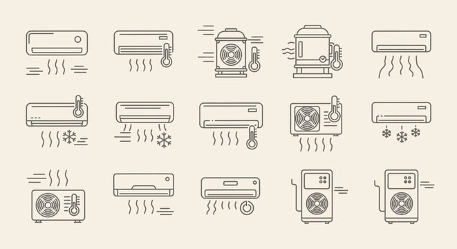 A comprehensive collection of line art icons representing various air conditioning and HVAC systems, illustrating different functions like heating, cooling, and ventilation.