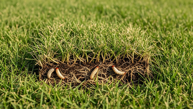 Lawn grub damage as chinch larva damaging grass roots causing a brown patch disease in the turf as a
