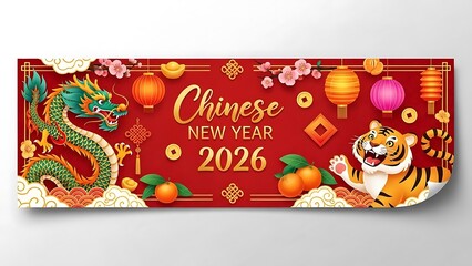 Vibrant chinese new year 2026 celebration banner with dragon, tiger, lanterns, and oranges on red background, symbolizing good fortune
