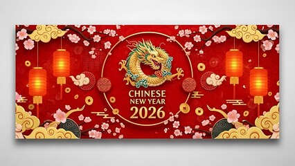 Vibrant chinese new year 2026 celebration banner with dragon, lanterns, cherry blossoms, and gold accents on red background