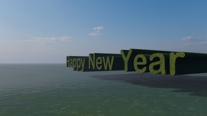 Happy New Year Text Floating on a Calm Ocean