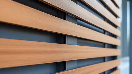 Contemporary wood slat wall, offering both aesthetic appeal and functional design. The wooden slats and dark gray background create a modern and minimalist aesthetic.