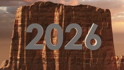 2026 Year on a Desert Rock Formation at Sunset