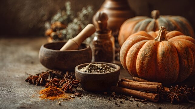 Autumn Harvest Pumpkin Spice Ingredients Mortar Pestle Cinnamon Sticks.