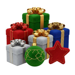 Festive arrangement of fluffy Christmas gift boxes in red, green, blue, and silver with gold and silver ribbons, plus a festive bauble and star.