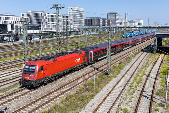 Railjet train of &Ouml;BB &Ouml;sterreichische Bundesbahnen Austrian Railways in Munich, Germany