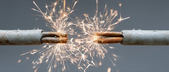 Close-up view of electrical cable on fire with sparks and smoke rising from two wires in dark background