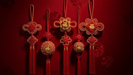 Traditional chinese red lantern tassel decorations with golden accents on dark red background for lunar new year festival celebration