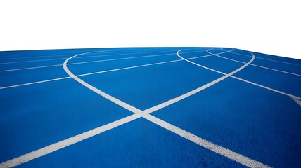 A blue running track with white lines on a sunny day athletic field background