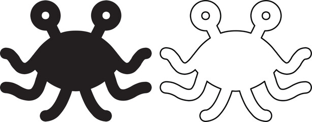 Set of Flying Spaghetti Monster icons in solid black silhouette and thin outline style isolated on white background