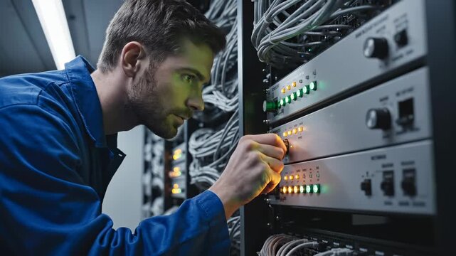 IT technician connects cable to server rack checking network connection in datacenter. Engineer maintains server equipment. Technician works on rack. Male IT specialist connects server cable.