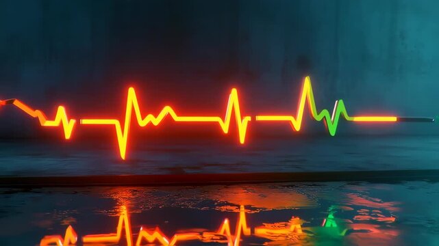 Glowing heartbeat pulse line reflecting in watery surface