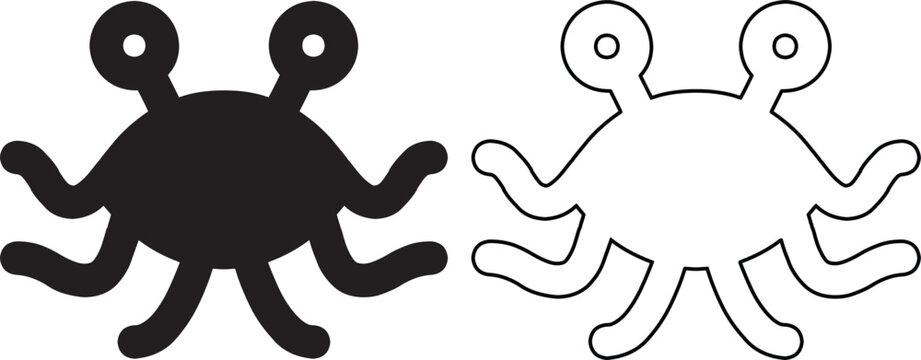 Set of Flying Spaghetti Monster icons in solid black silhouette and thin outline style isolated on white background