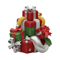 A festive pile of fluffy Christmas gift boxes in red, green, and silver, with elegant gold and silver bows and festive accents.