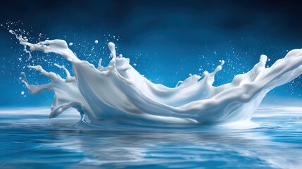White liquid splashes dramatically upward against a deep blue background