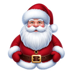 Jolly Santa Claus in his iconic red suit, with a sparkling golden belt buckle and fluffy white trim, smiling warmly.