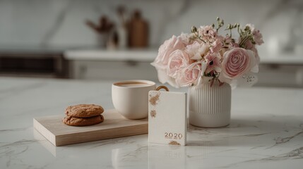 Domestic scene features a still life arrangement of flowers, a beverage, and baked goods on a marble surface.