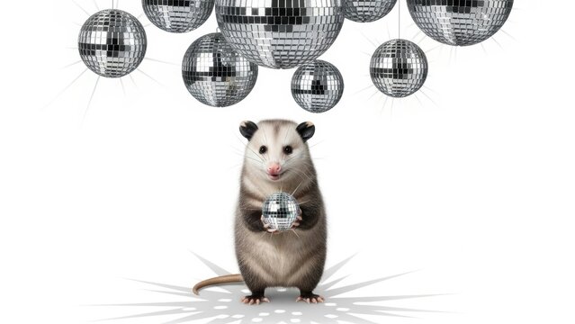 opossum with a mirrored disco ball, party celebration, on a white background, party animal photo