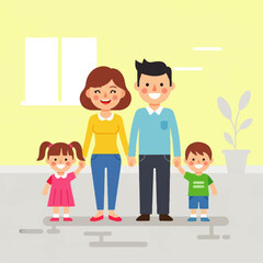 Obraz premium Joyful illustration of a happy family with parents and two young children standing united at home, symbolizing love, care, and togetherness