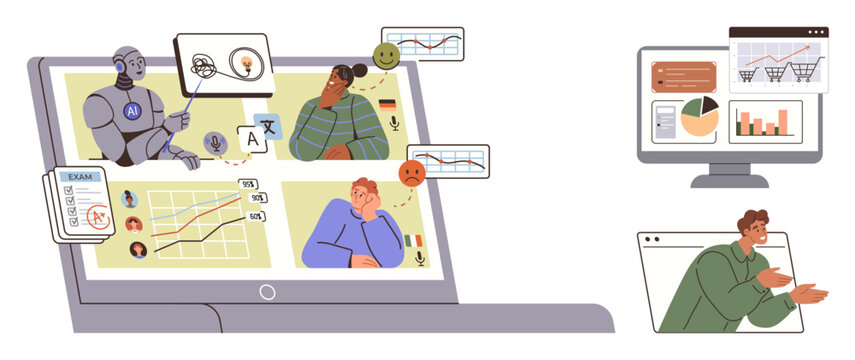 AI robot teaches online students via a laptop, analyzing graphs, language studies, interactive lectures. Ideal for education, AI, online learning, analytics, technology trends remote work flat