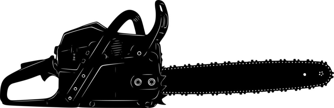 black and white silhouette of a chainsaw machine on a white background