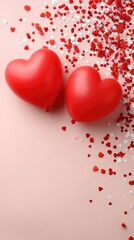 Valentines day background with red heart-shaped balloons and confetti on a pink surface for celebrations and romantic messages