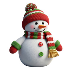 A cuddly snowman wearing a festive red and green knitted hat and scarf, with red and green button details.