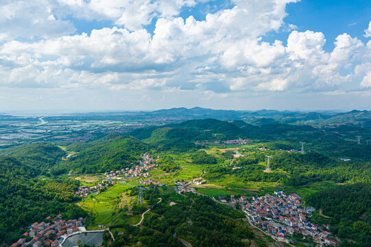 Ezhou Taihe District Aerial Countryside View with Liangzi Lake and Villages