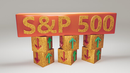 S and P 500 index symbol. Wooden blocks displaying S and P 500 and directional arrows indicating market trends with green and red symbols. On a table with a white background. 3d rendering