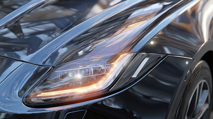 Close-up shot of a sleek car headlight, highlighting the design and technology