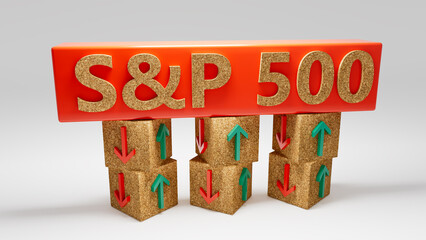 S and P 500 index symbol. Wooden blocks displaying S and P 500 and directional arrows indicating market trends with green and red symbols. On a table with a white background. 3d rendering