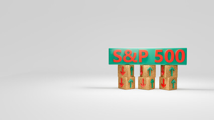 S and P 500 index symbol. Wooden blocks displaying S and P 500 and directional arrows indicating market trends with green and red symbols. On a table with a white background. Copyspace. 3d rendering