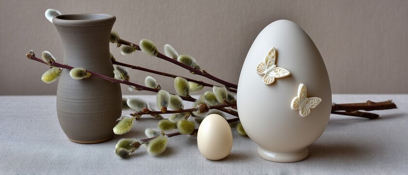 Easter cake shaped like an egg with butterfly decorations and a willow branch in a simple setting - Powered by Adobe