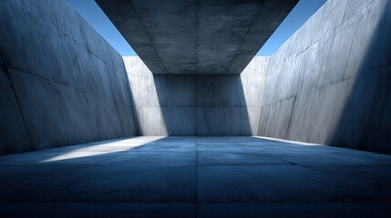 Sunlight pierces through an opening in the raw concrete structure illuminating the interior floor