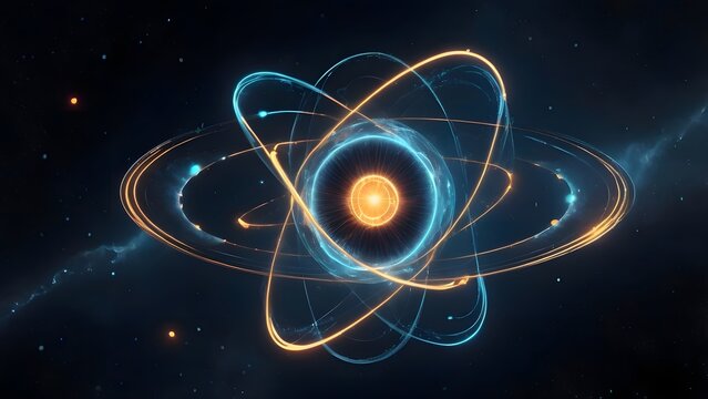 Futuristic glowing atom model with blue and orange electron orbits