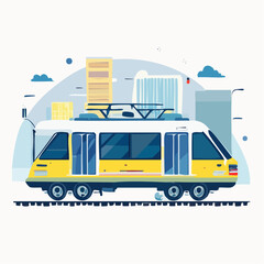 Yellow tram in a stylized cityscape