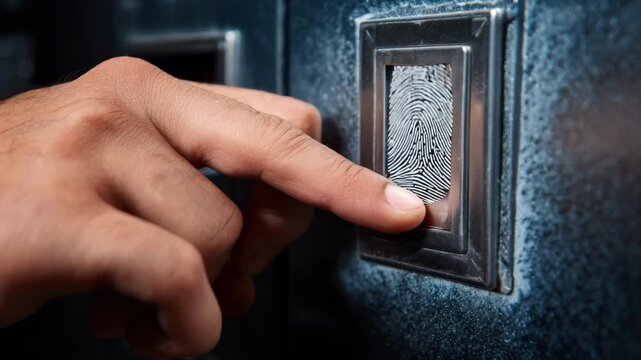 Closeup of hands fitting a fingerprint scanner smart lock on a steel door highlighting seamless integration of biometric security features.