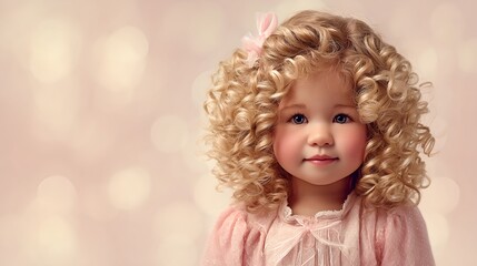 Fototapeta premium Beautiful young girl with curly blonde hair wearing pink dress, joyful childhood portrait, adorable innocent child with natural hairstyle and charming smile