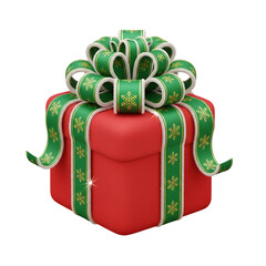 A single, luxurious red Christmas gift box with a large, ornate green ribbon and gold snowflake pattern, isolated on white.