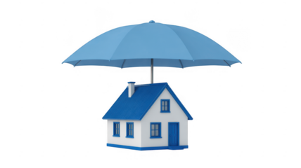 Blue umbrella protecting a small white house protection insurance isolated on a transparent background