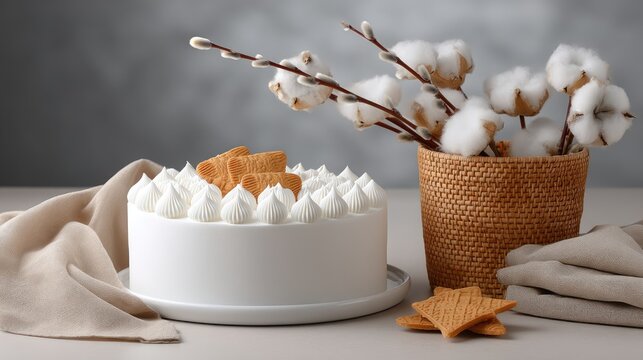 Easter Russian paskha cake with white icing and gingerbread birds on a table with willow branches in a minimalist setting