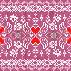 Seamless fabric art, Valentine's Day style, heart pattern, pink background, vector image, background image.